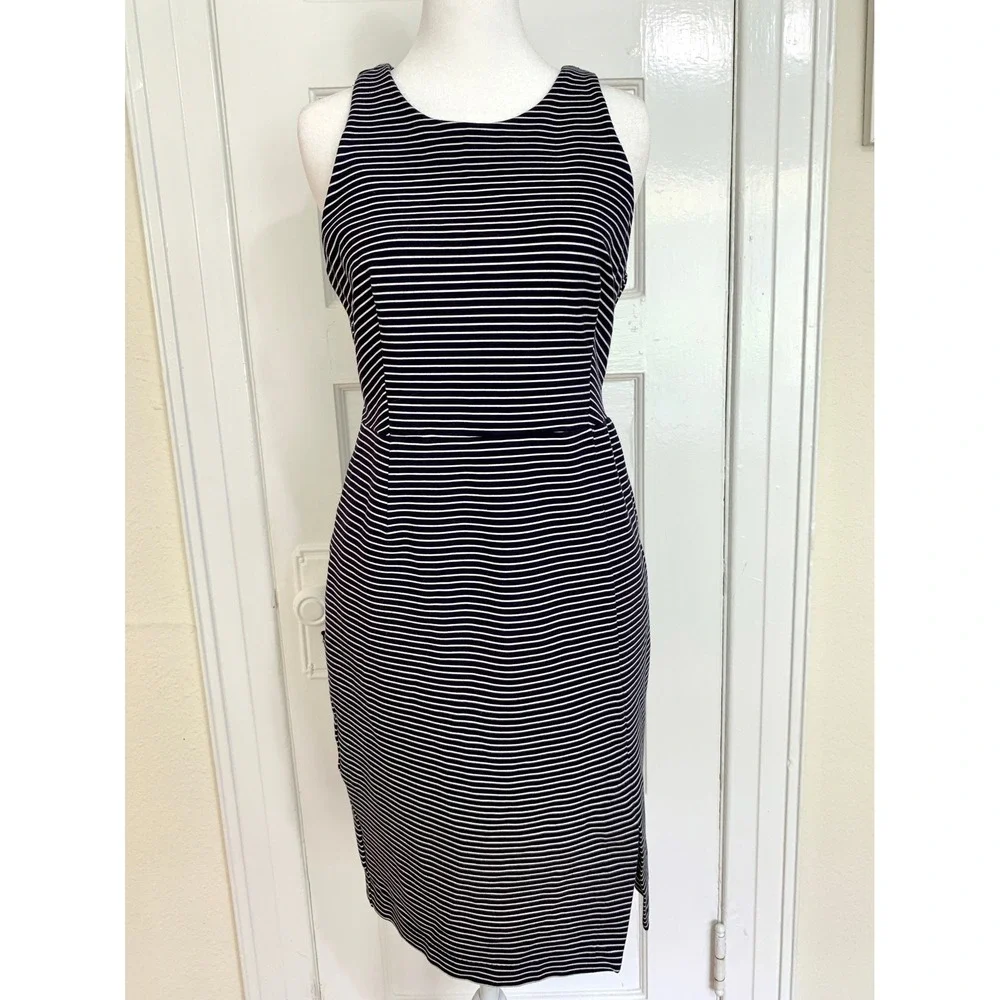 Banana Republic Sleeveless Ponte Sheath Dress Navy White Stripe Career Size 6